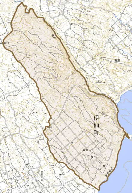 大字喜念とその周辺の地図。町の範囲を重ねている