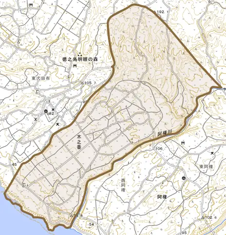 大字木之香とその周辺の地図。町の範囲を重ねている