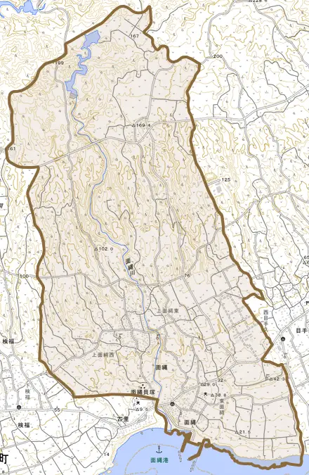大字面縄とその周辺の地図。町の範囲を重ねている