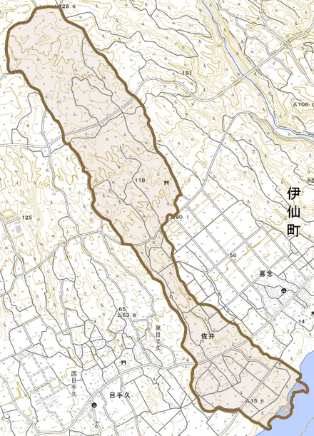 大字佐弁とその周辺の地図。町の範囲を重ねている