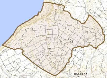 大字崎原とその周辺の地図。町の範囲を重ねている
