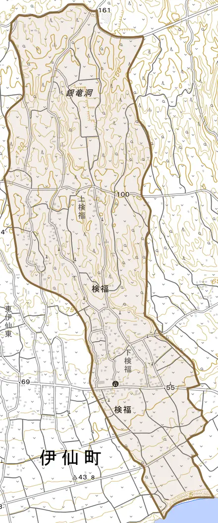 大字検福とその周辺の地図。町の範囲を重ねている