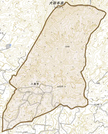 大字八重竿とその周辺の地図。町の範囲を重ねている