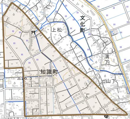 知識町とその周辺の地図。町の範囲を重ねている