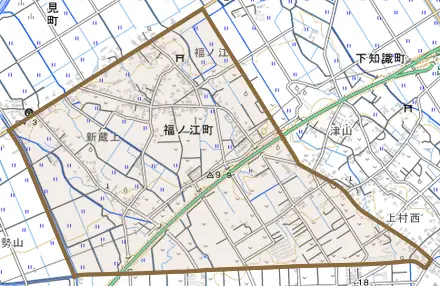 福ノ江町とその周辺の地図。町の範囲を重ねている
