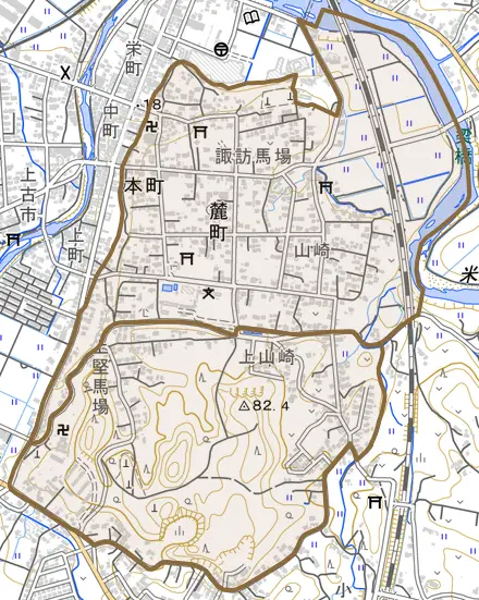 麓町とその周辺の地図。町の範囲を重ねている