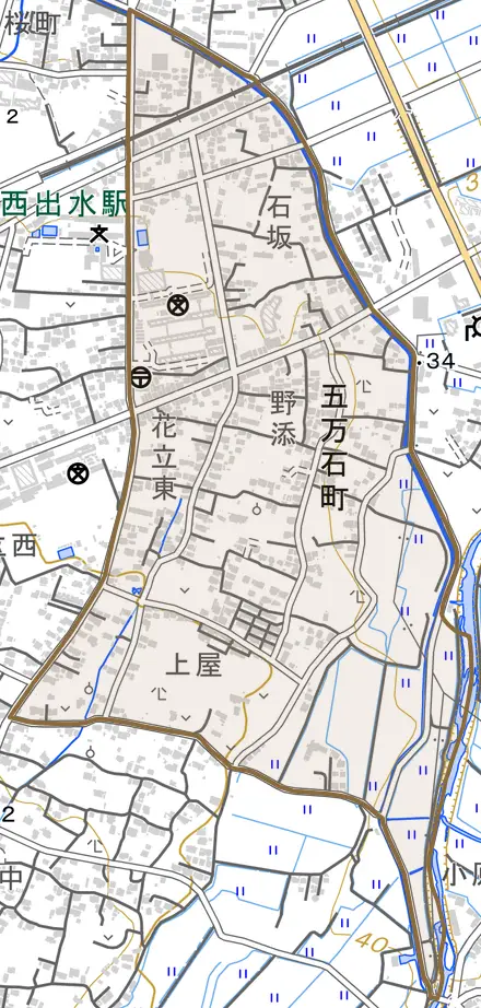 五万石町とその周辺の地図。町の範囲を重ねている