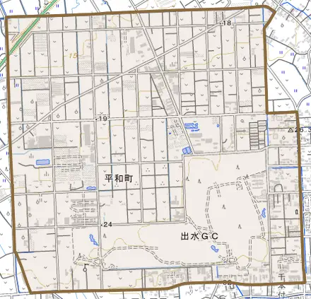 平和町とその周辺の地図。町の範囲を重ねている