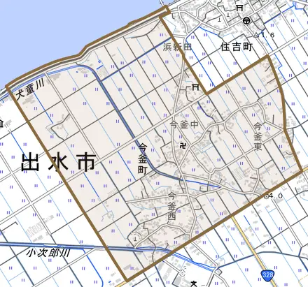 今釜町とその周辺の地図。町の範囲を重ねている