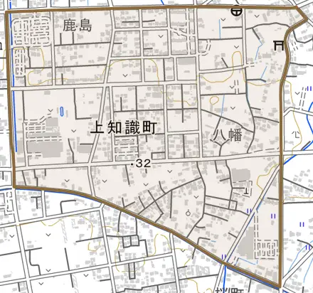 上知識町とその周辺の地図。町の範囲を重ねている