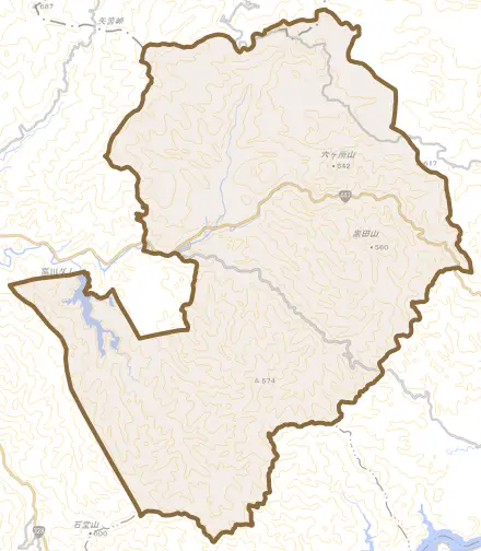上大川内とその周辺の地図。町の範囲を重ねている