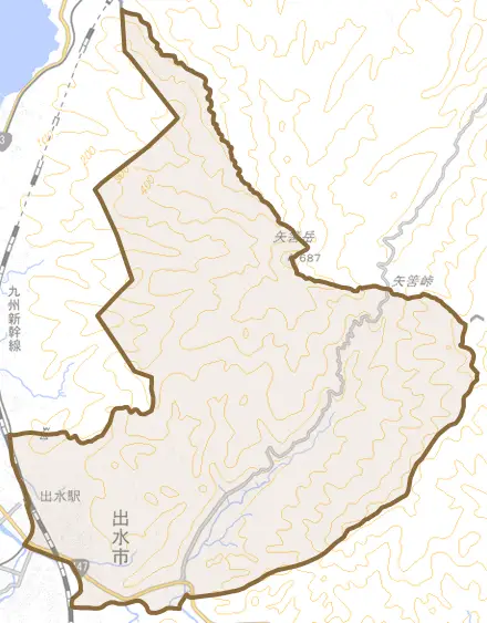 上鯖渕とその周辺の地図。町の範囲を重ねている