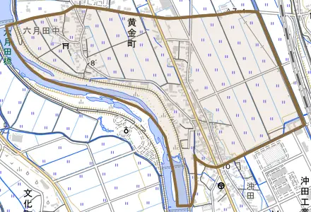 黄金町とその周辺の地図。町の範囲を重ねている