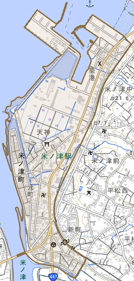 米ノ津町とその周辺の地図。町の範囲を重ねている
