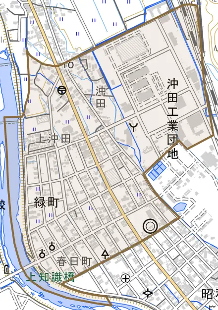 緑町とその周辺の地図。町の範囲を重ねている