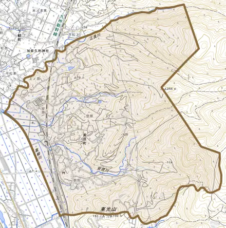 美原町とその周辺の地図。町の範囲を重ねている