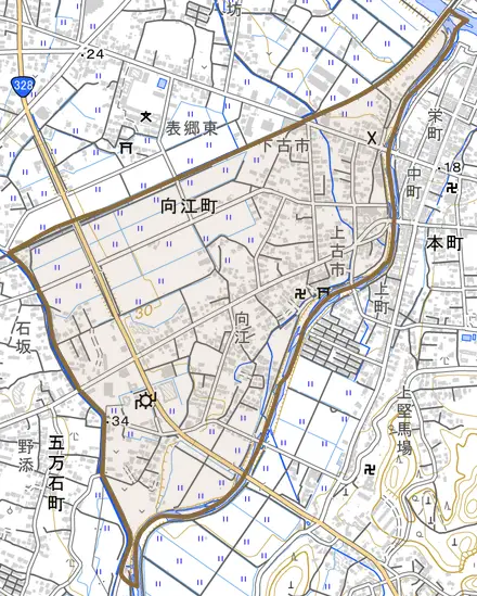 向江町とその周辺の地図。町の範囲を重ねている