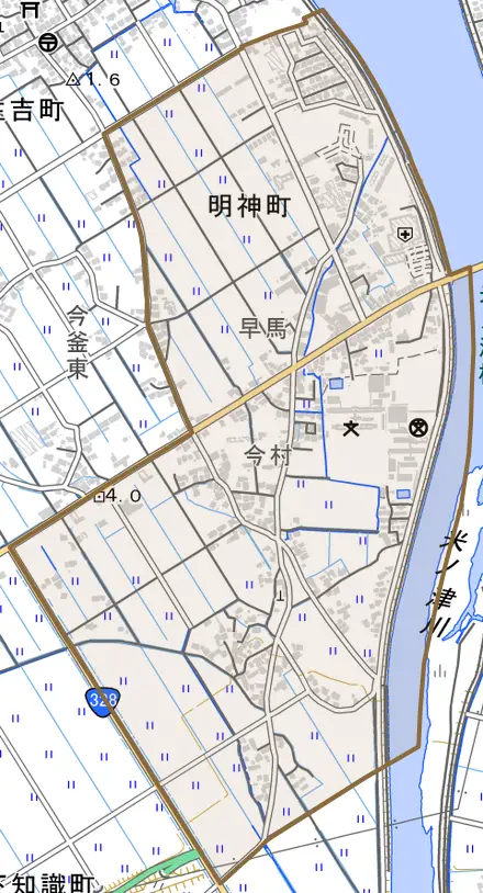 明神町とその周辺の地図。町の範囲を重ねている