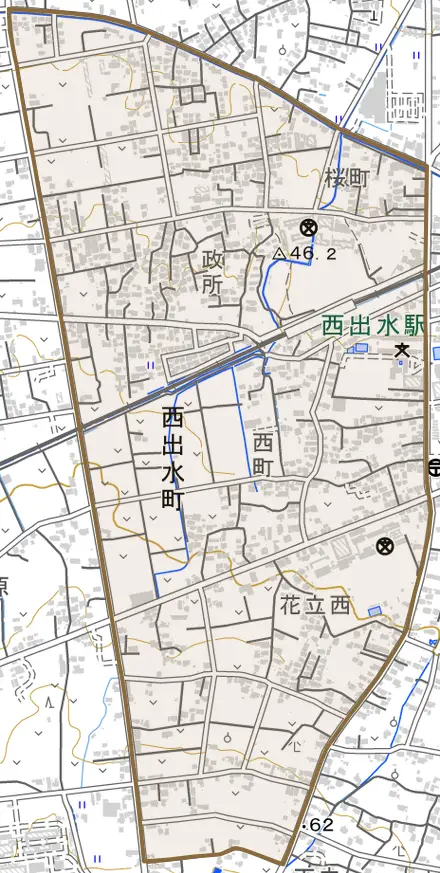 西出水町とその周辺の地図。町の範囲を重ねている
