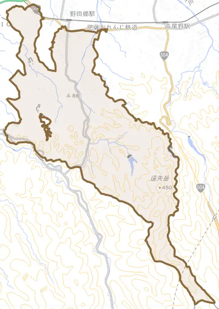 野田町上名とその周辺の地図。町の範囲を重ねている
