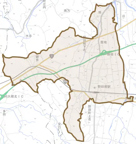 野田町下名とその周辺の地図。町の範囲を重ねている