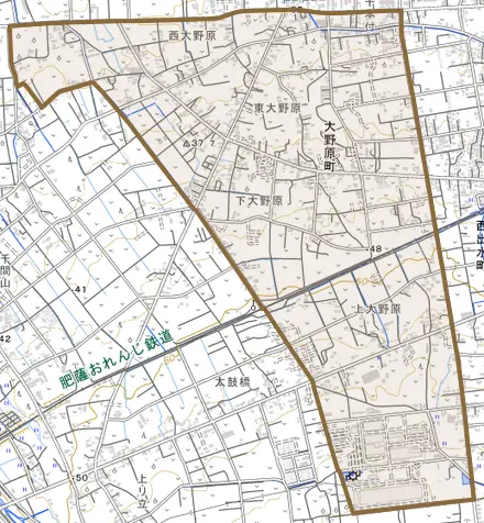 大野原町とその周辺の地図。町の範囲を重ねている
