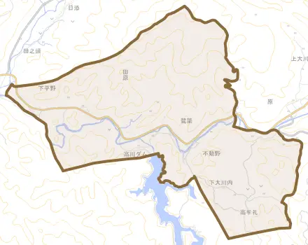 下大川内とその周辺の地図。町の範囲を重ねている