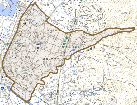 下鯖町とその周辺の地図。町の範囲を重ねている