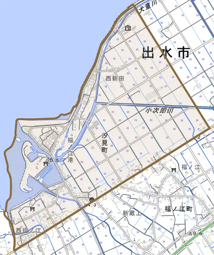 汐見町とその周辺の地図。町の範囲を重ねている