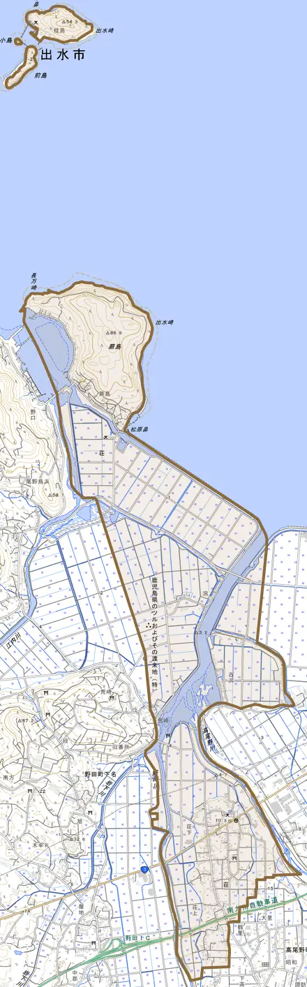 荘とその周辺の地図。町の範囲を重ねている