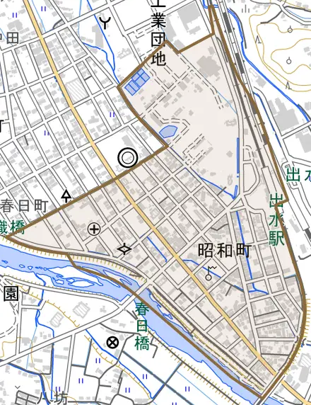 昭和町とその周辺の地図。町の範囲を重ねている