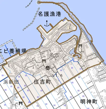 住吉町とその周辺の地図。町の範囲を重ねている