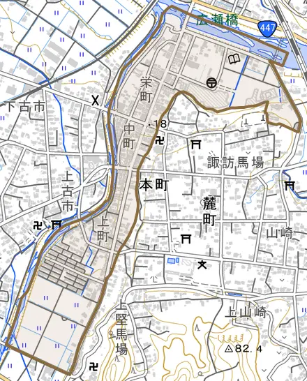 本町とその周辺の地図。町の範囲を重ねている