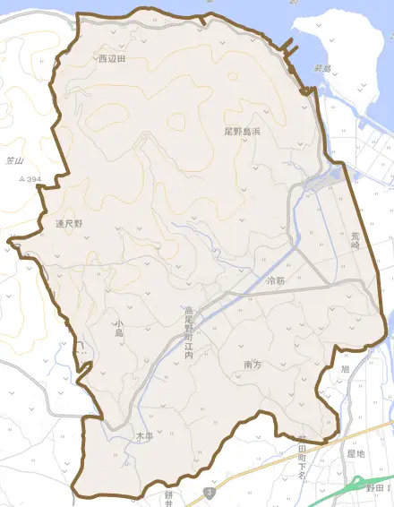 高尾野町江内とその周辺の地図。町の範囲を重ねている