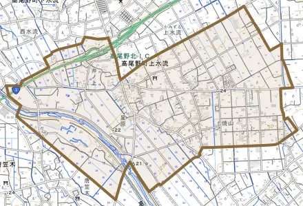 高尾野町上水流とその周辺の地図。町の範囲を重ねている