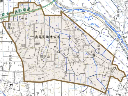 高尾野町唐笠木とその周辺の地図。町の範囲を重ねている