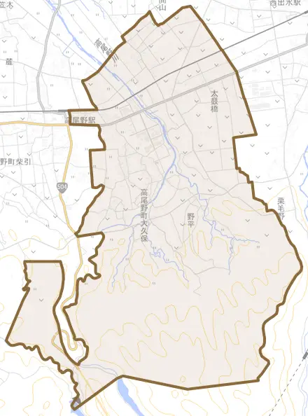 高尾野町大久保とその周辺の地図。町の範囲を重ねている