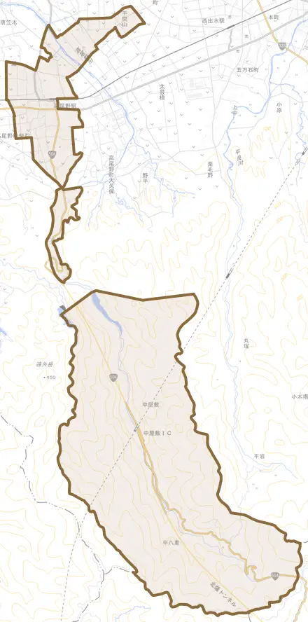 高尾野町柴引とその周辺の地図。町の範囲を重ねている