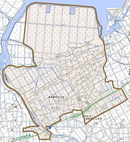 高尾野町下水流とその周辺の地図。町の範囲を重ねている
