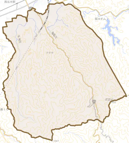 武本とその周辺の地図。町の範囲を重ねている