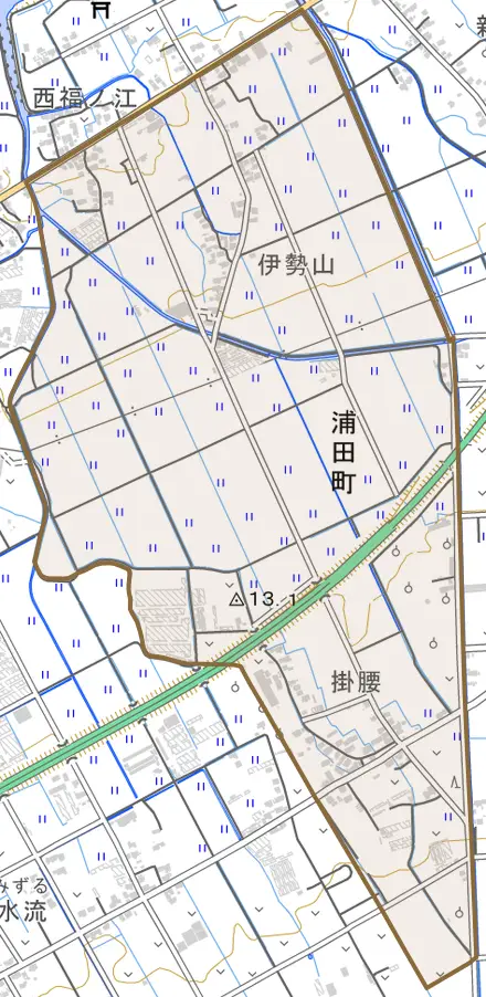 浦田町とその周辺の地図。町の範囲を重ねている