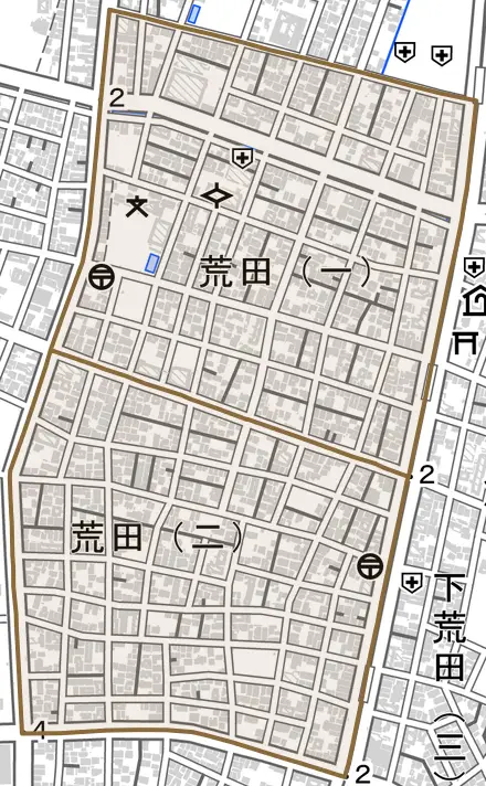 荒田とその周辺の地図。町の範囲を重ねている