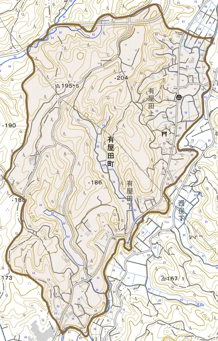 有屋田町とその周辺の地図。町の範囲を重ねている