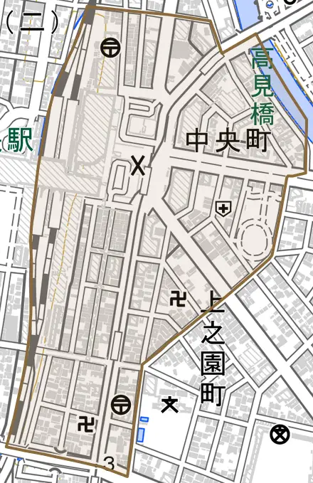 中央町とその周辺の地図。町の範囲を重ねている