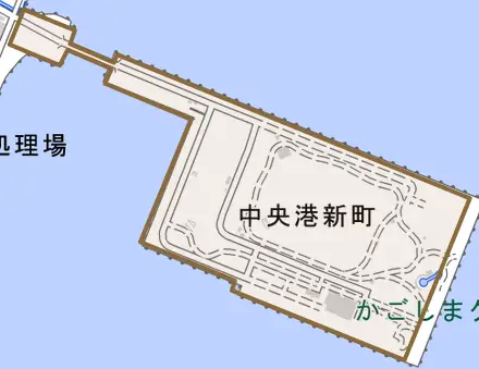 中央港新町とその周辺の地図。町の範囲を重ねている