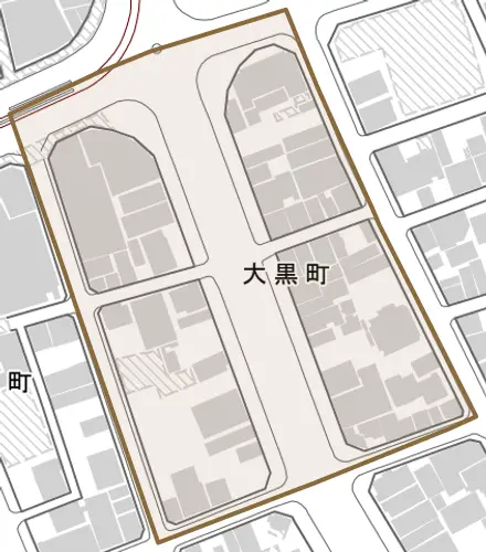 大黒町とその周辺の地図。町の範囲を重ねている