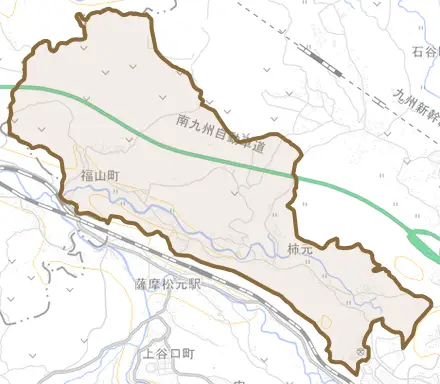 福山町とその周辺の地図。町の範囲を重ねている