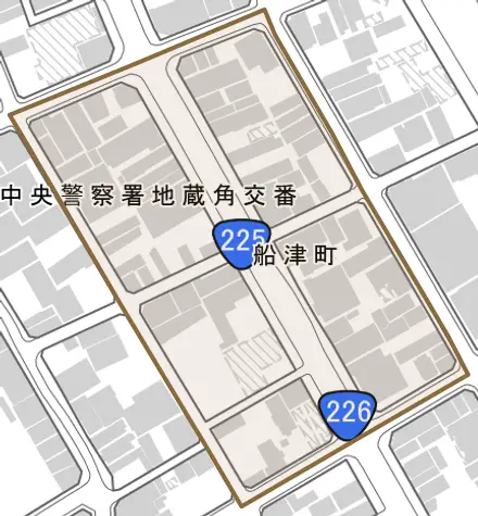 船津町とその周辺の地図。町の範囲を重ねている