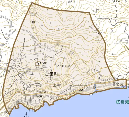 古里町とその周辺の地図。町の範囲を重ねている