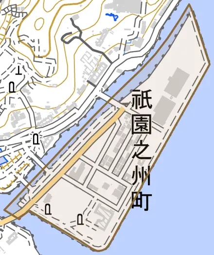 祇園之洲町とその周辺の地図。町の範囲を重ねている